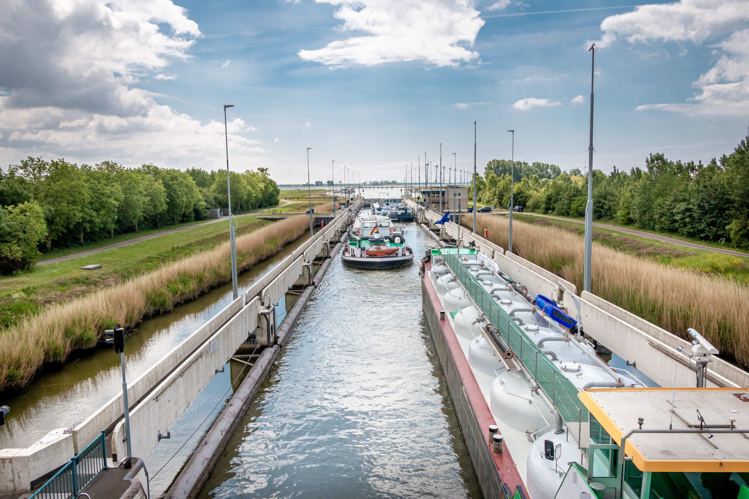 Sluice in the Netherlands near the village Lemmer called " the lemster sluice" for cargo boats to the IJsselmeer, province of Friesland
